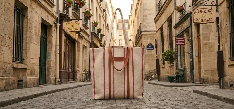 Sac AUREA à rayures grenat dans une ruelle de pierre