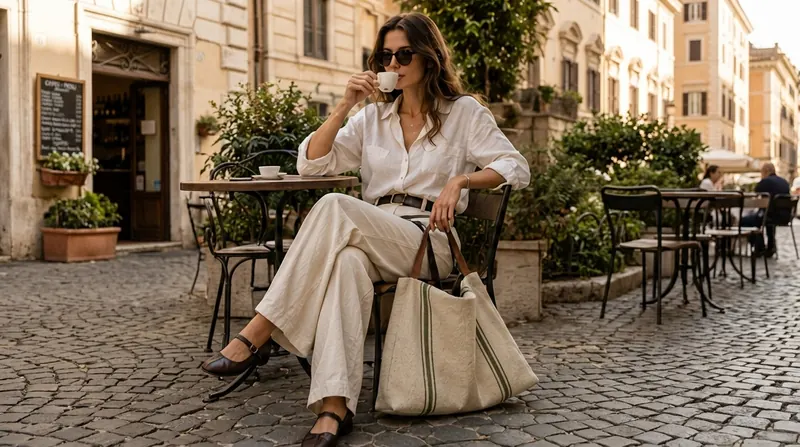 Femme en terrasse à Rome avec un cabas AUREA en lin à rayures olive